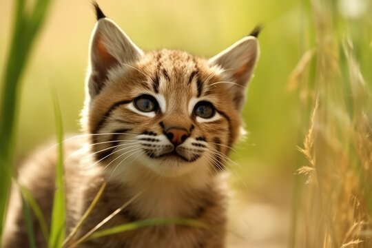 Close up of bobcat kitten standing in field, created using generative ai technology