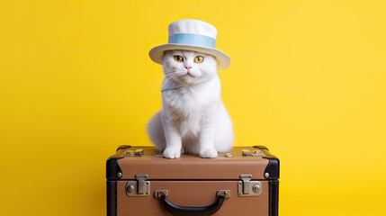 cat in a hat sitting on a suitcase. Generative AI