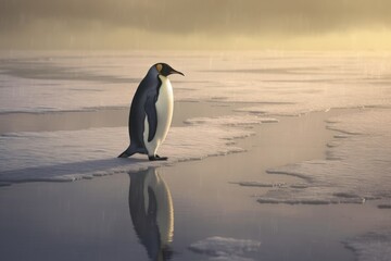 Fototapeta premium Emperor penguin standing on icy snowy surface and water, created using generative ai technology