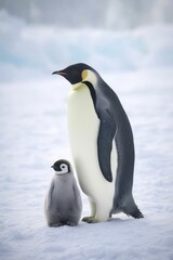 Plakat Close up of emperor penguin standing with chick in snow, created using generative ai technology