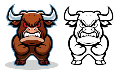 Angry Bull Cartoon mascot vector illustration, Angry muscular bull logo concept vector image, colored and black and white line art stock vector