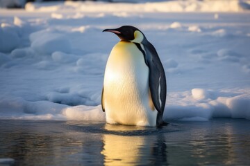 Obraz premium Emperor penguin standing in water, created using generative ai technology