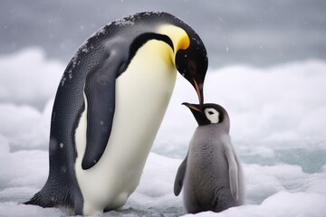Close up of emperor penguin standing with chick in snow, created using generative ai technology