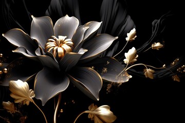 Black flower with golden leaves on black background, created using generative ai technology