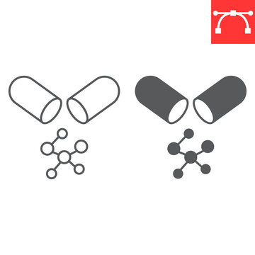 Amino acids line and glyph icon, supplements and vitamins, capsule with bcaa vector icon, vector graphics, editable stroke outline sign, eps 10.