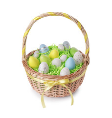 Fototapeta na wymiar Wicker basket with beautifully painted Easter eggs isolated on white