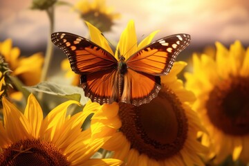 Close up of butterfly perched on sunflower, created using generative ai technology