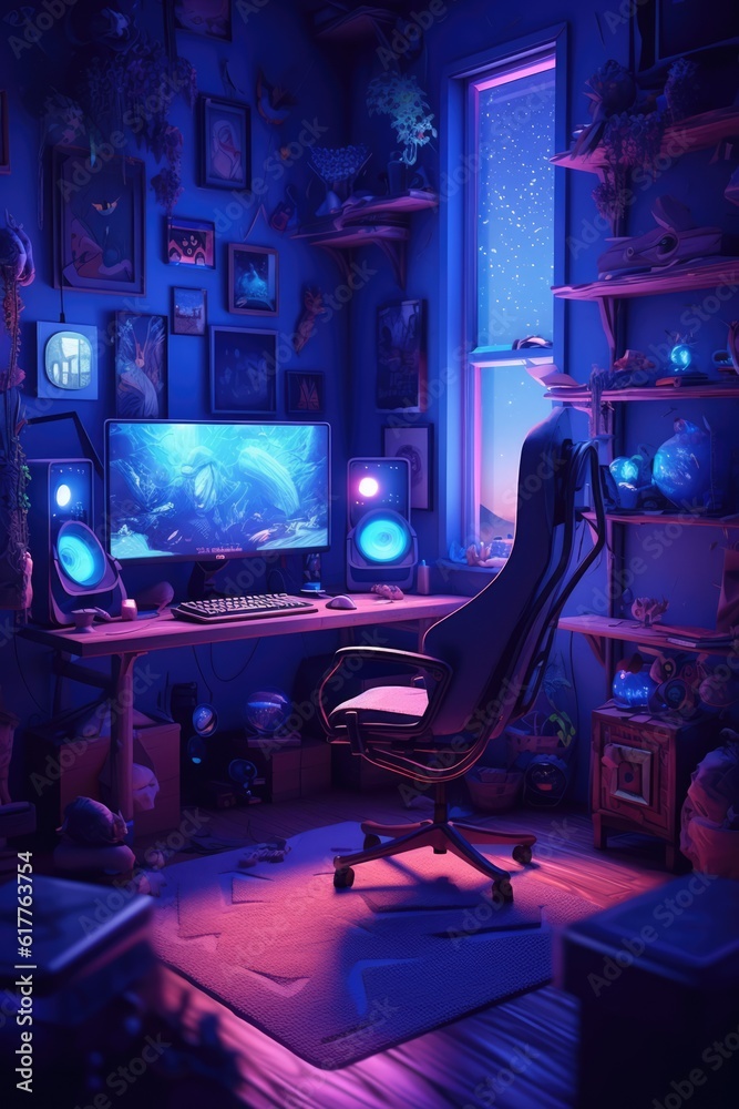 Wall mural room with screen with video game and gaming chair, created using generative ai technology