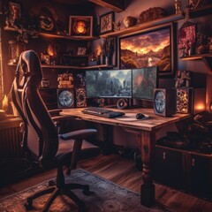 Room with screens with video game and gaming chair, created using generative ai technology