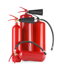 Many red fire extinguishers on white background