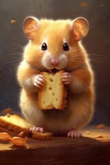Fototapeta premium Close up of cute hamster holding cheese, created using generative ai technology