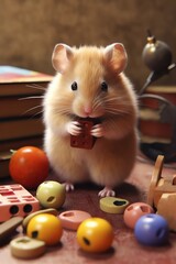 Close up of cute hamster holding food on desk, created using generative ai technology