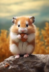 Close up of cute hamster holding food on blurred background, created using generative ai technology