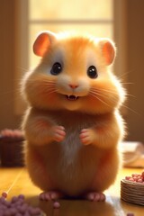 Close up of cute smiling hamster on wooden surface, created using generative ai technology