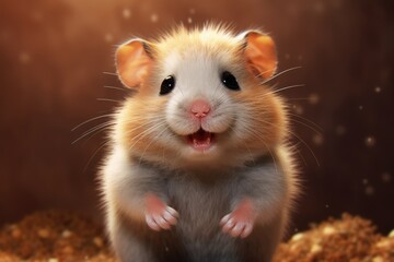 Close up of cute hamster on brown background, created using generative ai technology