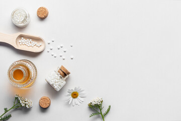 Homeopathic medicines and medicinal plants on a light background, copy space, flatlay