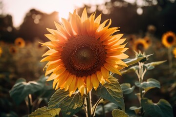 Naklejka premium Sunflower in field with blurred background, created using generative ai technology