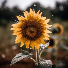 Naklejka premium Sunflower in field with blurred background, created using generative ai technology