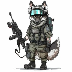 cute wolf full body portrait drawing as a call of duty warzone operator white background 