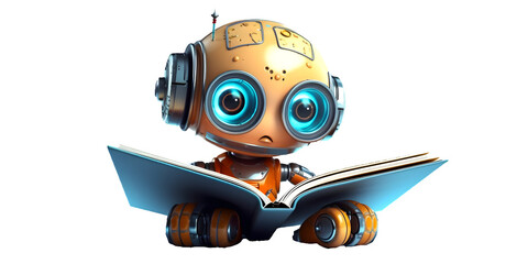 Cute robot reading a book, cartoon style, isolated on white background, artificial intelligence learning, generated ai