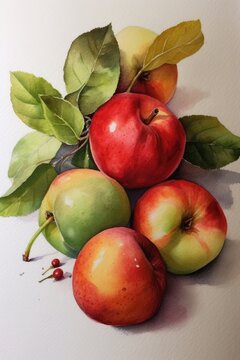 Watercolour with close up of apples, created using generative ai technology