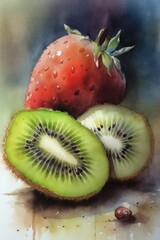 Watercolour with close up of sliced kiwi and strawberry, created using generative ai technology