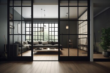 Opened glass tatami door to living room, created using generative ai technology