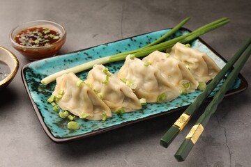 Delicious gyoza (asian dumplings) with onion and chopsticks on gray table