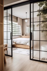 Opened glass tatami door to bedroom, created using generative ai technology
