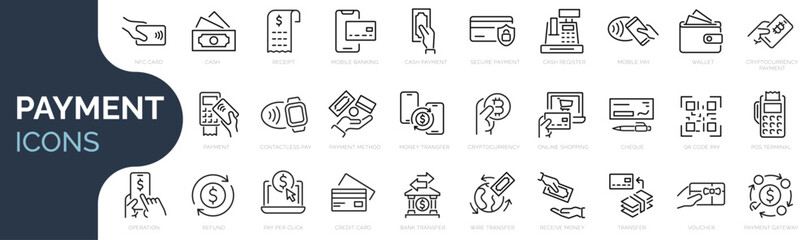Set of outline icons related to payment methods. Linear icon collection. Editable stroke. Vector illustration - 617764702