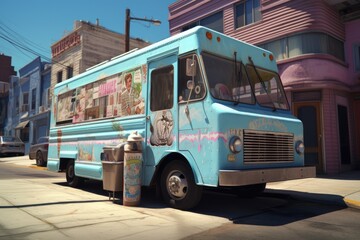 Pink and blue retro ice cream truck in street, created using generative ai technology