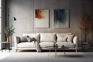 Obraz premium Interior of a gray floored living room with a long, cozy white couch in front of a TV. a mockup. Generative AI
