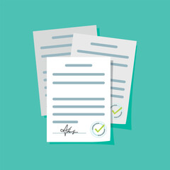 Contract documents pile, flat cartoon stack of agreements document with signature and approval stamp. Vector illustration of paperwork or business documents. The stamp with the inscription approved.