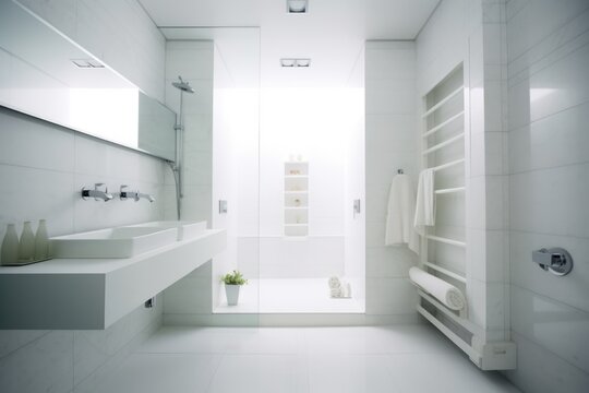 Modern bathroom with shower and basin, created using generative ai technology