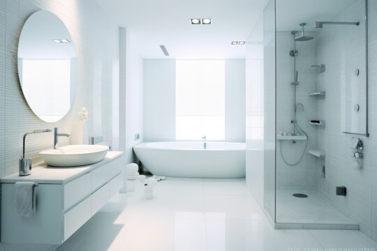 Modern bathroom with shower, bath and basin, created using generative ai technology
