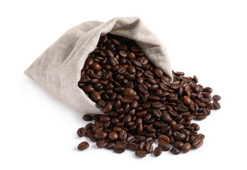 Overturned bag with roasted coffee beans isolated on white