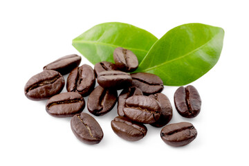 Obraz premium Roasted coffee beans and leaves isolated on white