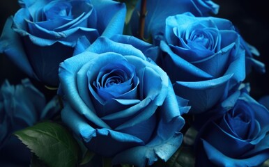 Fototapeta na wymiar Close up of blue roses on black background, created using generative ai technology