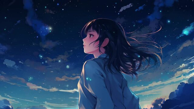 Lofi girl looking at the stars. Anime drawing of a woman looking at the night sky. Chill moody evening. Cute manga person listening to chill beats. Star gazing. Atmospheric sad young person in love.