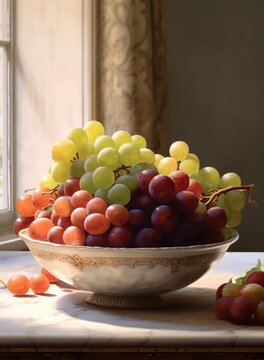 Close up of red and white grapes in bowl in kitchen, created using generative ai technology