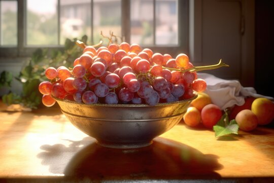 Close up of red grapes in bowl in kitchen, created using generative ai technology