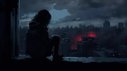 Lonely anime girl looking at the city at night. Sad rainy day. Moody atmospheric. Sad lo-fi music. Video for lofi hiphop songs. Woman alone. Loneliness and depression. Cute cartoon girl crying.