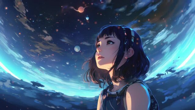 Anime fantasy scene. Cute adorable girl looking at the stars at night. Lo-fi chill vibes. Beautiful colorful night. Moody video for chill music. Relaxing hip-hop feelings vibes. Sad woman in love.
