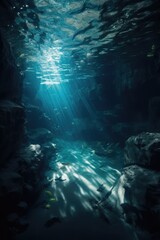 Rays of sunlight and fish life in underwater cave, created using generative ai technology