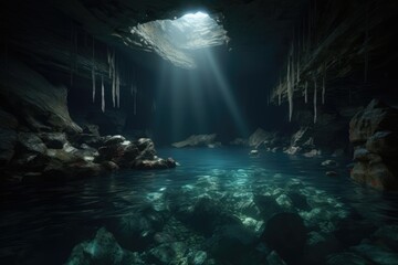 Rays of sunlight in underwater cave, created using generative ai technology