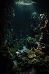 Fototapeta na wymiar Rays of sunlight, fish and plant life in underwater cave, created using generative ai technology