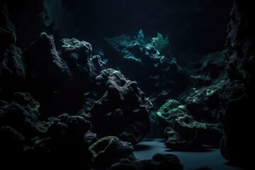 Rays of sunlight, fish and plant life in underwater cave, created using generative ai technology