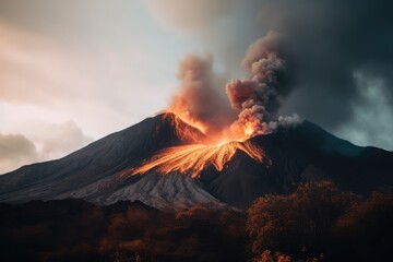 Active volcano erupting with smoke and lava, created using generative ai technology