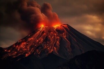 Fototapeta premium Active volcano erupting with smoke and lava at night, created using generative ai technology