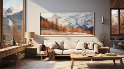 Poster mock up in home interior background, home office, Scandi-boho style, 3d render. Created with generative ai.